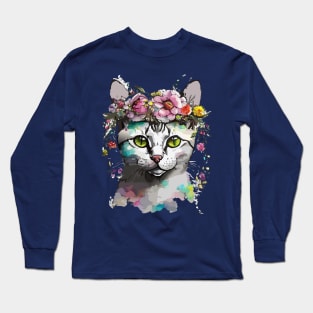 Floral Portrait of a Silver Tabby Cat Long Sleeve T-Shirt